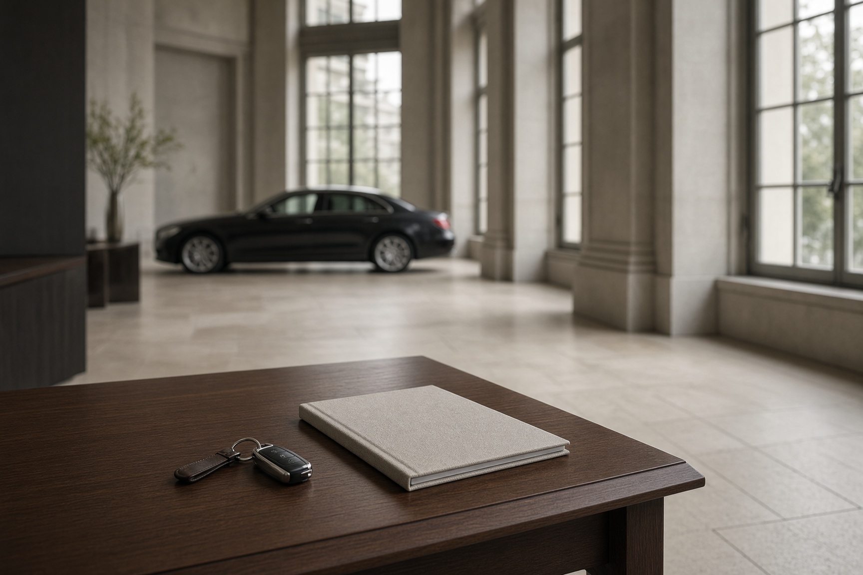 Clés et contrat sur le bureau, voiture préparée dans l'atelier
